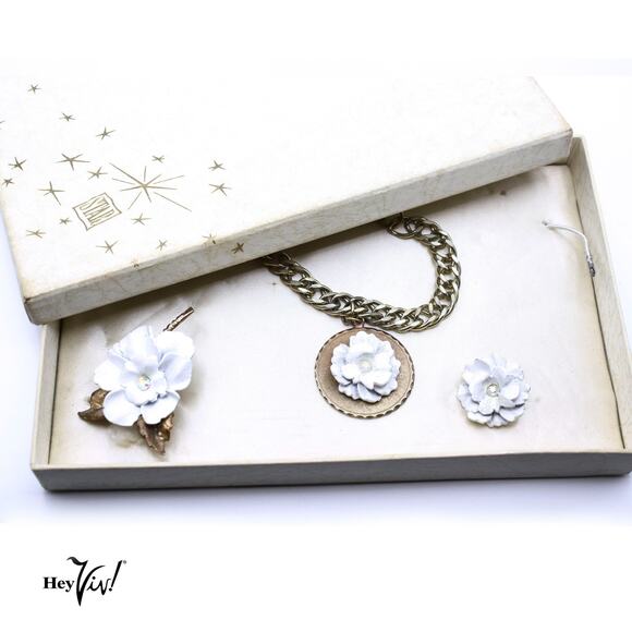 Vintage White Enamel Rose Jewelry Set Bracelet Pin Clip Earrings w Box – Hey Viv - Picture 2 of 8